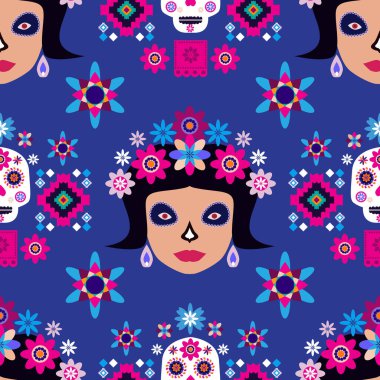 Meksikalıların kusursuz desenleri, Meksika kutlaması için şeker kafatası ve çiçek şablonu, geleneksel Meksika iskeleti dekorasyonu. Dia de Los Muertos, Ölü Cadılar Bayramı Vektörü illüstrasyonu Günü