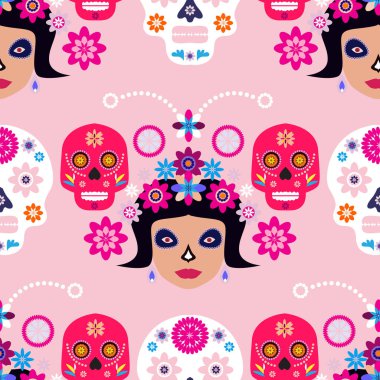 Meksika desenli, şeker kafalar ve renkli çiçekler. Meksika kutlaması şablonu, geleneksel Meksika iskeleti dekorasyonu. Dia de Los Muertos, Ölüler Günü. Vektör illüstrasyonu.