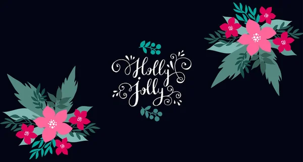 Happy Merry Christmas Lettering Plantilla Tarjeta Navidad Con Flores Corona — Vector de stock