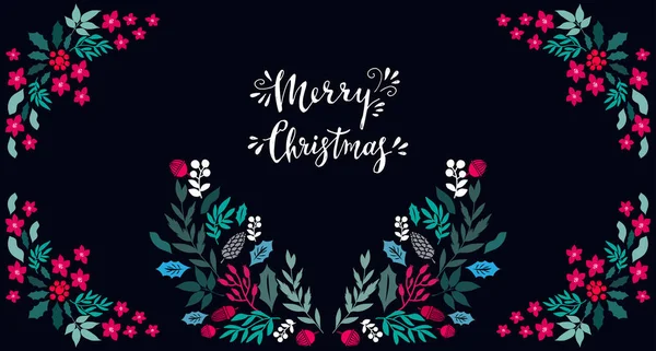 Buon Natale Lettering Template Biglietto Natale Con Corona Fiori Cornici — Vettoriale Stock