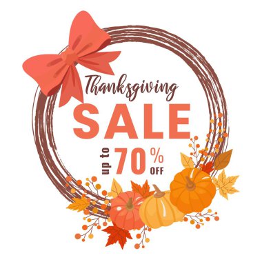 Balkabağı, böğürtlen, yapraklı düz sonbahar çelengi ve sıcacık sonbahar renkleri. % 70 'e varan indirimli Şükran Günü afişi, posterler, ilanlar, reklamlar ve web tasarımı için mükemmel..