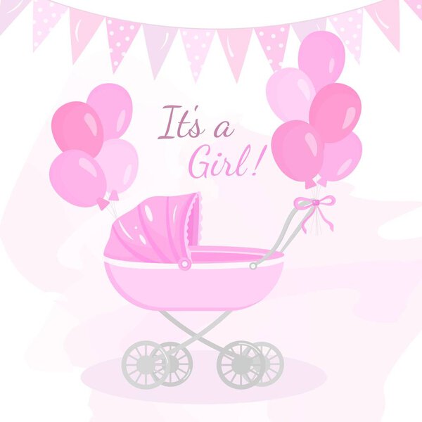 Очаровательная векторная иллюстрация детского душа с розовой коляской, воздушными шарами и овсянкой. Перфект для объявления о рождении девочки, вечеринки с раскрытием пола, пригласительного билета или оформления празднования новорожденного.