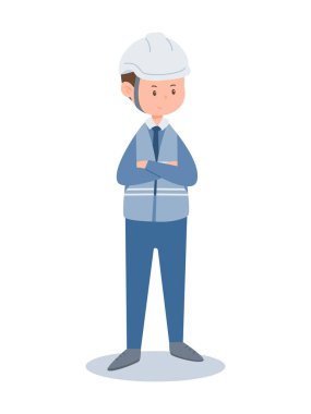 Güvenlik kaskı takan endüstri mühendisi çapraz kollar, işyeri güveni ve otorite illüstrasyonuyla ayakta duruyor.