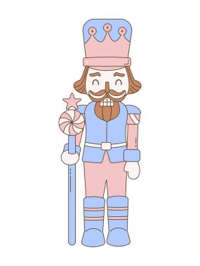 Şirin fındıkkıran Noel çizimi, bayramlık oyuncak asker, pastel kış dekorasyonu tasarımı beyaz arka planda izole edilmiş..