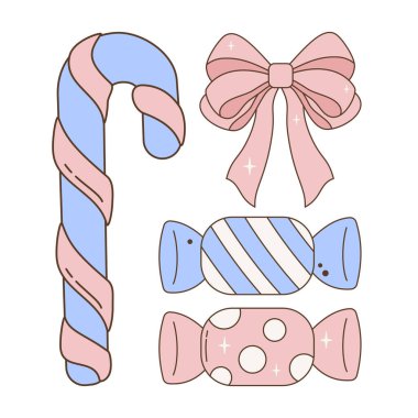 Pastel şeker kamışı, paketlenmiş şekerler ve güzel Noel süslemeleri ve şenlikli klip için yay çizimi.