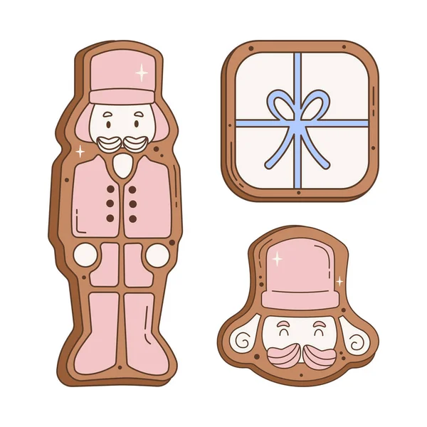 Beyaz arka planda pembe fındıkkıran çerez vektör çizimi, Noel bayramı tatlı hediyeli zencefilli ekmek ve tatlı dekorasyon tasarımı.