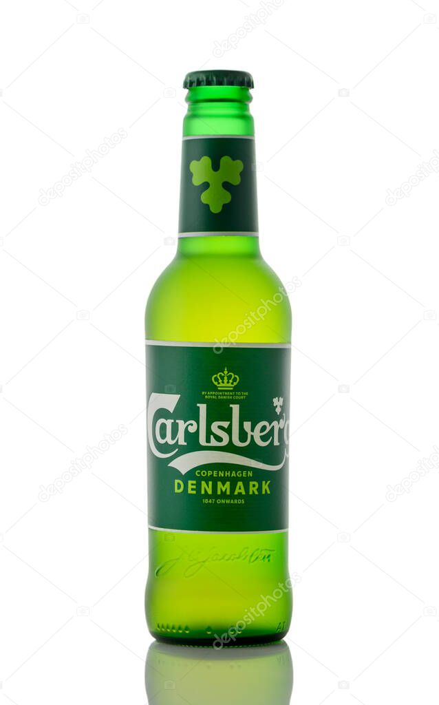 Gaziveren ,Cyprus 09.21.2025 Chilled Carlsberg light beer on White Background