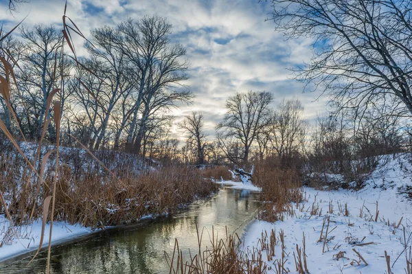 Kışın Severodonetsk yakınlarında donmuş Borovaya Nehri. Karla kaplı nehir kıyıları ve buzlu su mevsimin soğuk güzelliğini yansıtıyor..