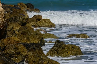 Şiddetli dalgalar güneşli bir yaz gününde Kıbrıs kıyısı boyunca kayalara çarpıyor. Okyanus enerjisi, doğa gücü ve vahşi deniz manzarası..