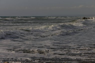 Kıbrıs 'ta kumsala yumuşak dalgalar vuruyor. Akdeniz 'in berrak suları, yumuşak güneş ışığı ve bir yaz sahnesinde huzurlu kıyı atmosferi..