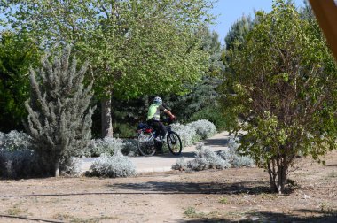 Canlı yapraklar ve güneşli ağaçlarla çevrili sakin bir parkta, bir bisikletçi dolambaçlı bir yol boyunca yol alır. Atmosfer sakin ve davetkar. Açık hava aktiviteleri için mükemmel..