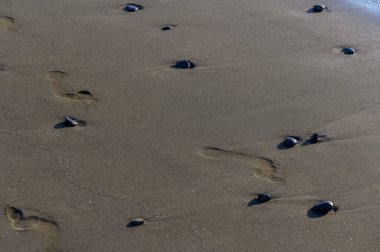 Kıbrıs sahilinde kumsalda bırakılan insan ayak izlerinin yakın plan çekimi. Arka planda Akdeniz 'in yumuşak dalgaları var.