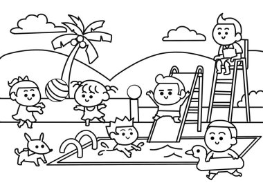 Çocuklar havuz boyama sayfalarında yüzüyorlar..