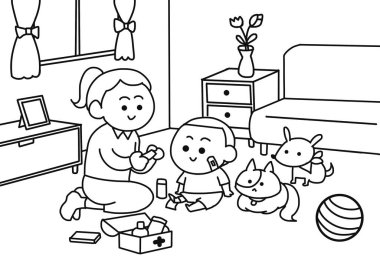 Anne oğlunun yarasını çizgi film tarzında tedavi ediyor..