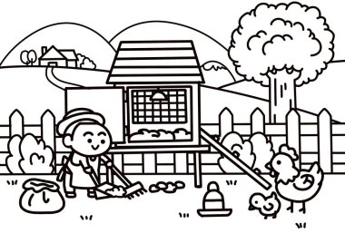 Küçük bir çiftçi tavuk kümesini temizliyor..