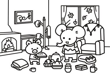 Küçük Domuz Küçük Fil 'i balkabağı turtası yemeye davet ediyor..