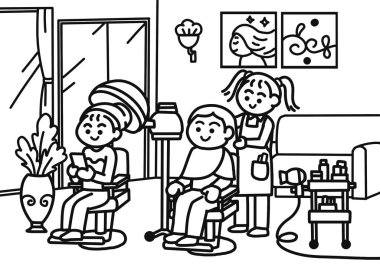 Kuaför salonundaki kadınlar sayfa boyama stili.