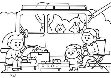 Park boyama sayfalarında aile pikniği..