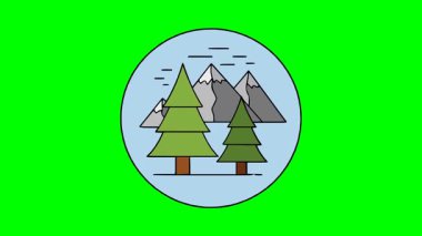 Minimalist dağ vektörü, uzun kozalaklı ağaçlar, karlı zirveler ve basit modern çizgi film sanatında temiz dairesel arkaplan.