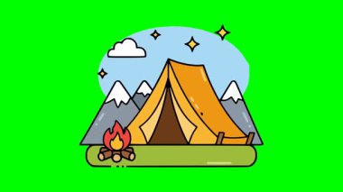 Parlak ateş ve çadır manzaralı açık hava kamp alanının vektör çizimi