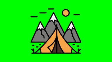 Dağ manzaralı çadır ve vahşi doğada parlayan güneş içeren renkli kamp tasarımı.