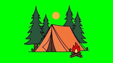 Yüksek çam ağaçları çadırı ve doğa manzarasında ateş olan açık hava kamp sahnesinin vektör çizimi