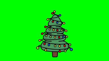 Yeşil arka planda parlak ışıklarla süslenmiş eşsiz spiral dalları olan şirin bir Noel çam ağacı çizimi.