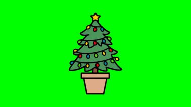 Kırmızı, mavi, sarı ışıklar ve yeşil arka planda izole edilmiş altın yıldız süslemeli saksıda şirin bir Noel ağacı.