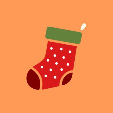 Neşeli kırmızı renk, yeşil kenar ve puantiyeli basit Noel çorabı çizimi, geleneği ve şenlikli kış kutlamalarını temsil ediyor.