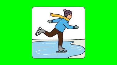 Donmuş buz pateni pistinde kayan adamın çizgi film stili vektörü, renkli kıyafetli kış sporları aktivitesi ve mevsimlik tatil atmosferi.