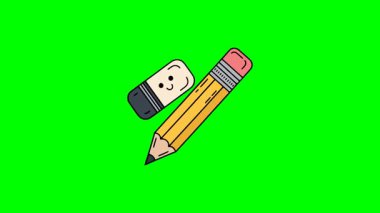 Klasik sarı kalemin düz tasarım vektörü ve gülen yüzlü sevimli silgi, öğrenme ve yazma için yaratıcı okul malzemeleri ikonu