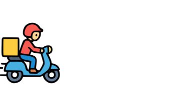 Kırmızı üniformalı kuryenin sarı kutulu mavi scooter sürüşünün taşıyıcı tasarımı, ulaşım ve teslimat işi için nakliye konsepti