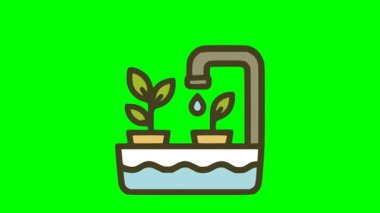 Çizgi film vektör hidrofonik sistemi, sürdürülebilir tarım tasarımı için damlayan musluk ile besleyici su tepsisindeki genç bitkileri gösteriyor