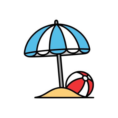 Plaj şemsiyesinin düz tasarımı plaj topuyla kum gölgeleme sahnesi, deniz kenarında tatil kavramı için mükemmel bir yaz tatili sahnesi.