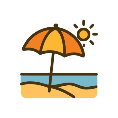 Minimalist deniz kenarı şemsiyesi çizimi. Mavi suyun üzerinde parlak güneş, mükemmel yaz yolculuğu konsepti.