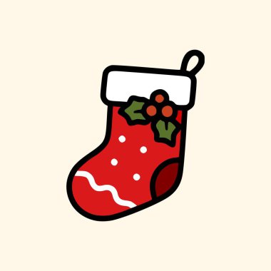 Geleneksel Noel çorabı kutsal böğürtlenler ve dalgalı beyaz çizgili bayram süsleme vektör illüstrasyonuyla süslenmiş.