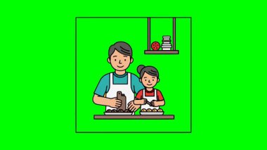 Mutlu baba ve kızı birlikte yemek pişiriyor. Ev yapımı yemek hazırlıyor. Eğitim sanatı.