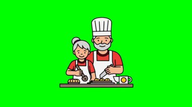 Profesyonel fırıncı ve çocuk, lezzetli pişmiş ürünler hazırlıyorlar. Mutfak vektör tasarımında yemek pişiriyorlar.