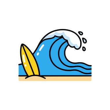 Dekoratif okyanus sörfü dalgası ve sörf tahtası izole vektör çizimi plaj tatili, su sporu ve yaz yaşam tarzını temsil ediyor.