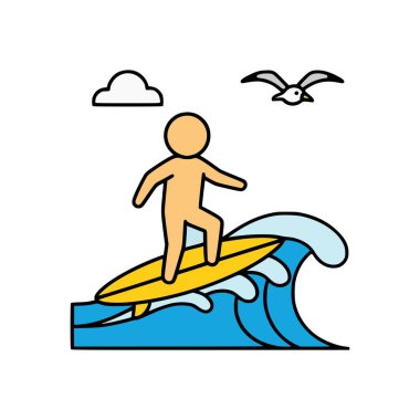 Düz vektör sörfçü kişi okyanus dalgasında sarı pano, gökyüzünde martı ve küçük beyaz bulut çizimi ile sörf yapıyor.