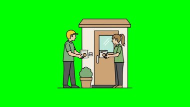 Yeşil üniformalı kuryelerle yemek servisi illüstrasyonu taşıyıcı düz stil konutun kapısında paket teslimatı