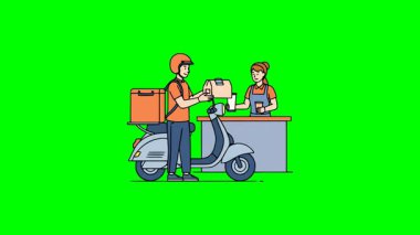 Scooter sürücüsüyle yemek servisi illüstrasyonu vektör düz çizgi film tarzında kasiyerden paket yemek topluyor