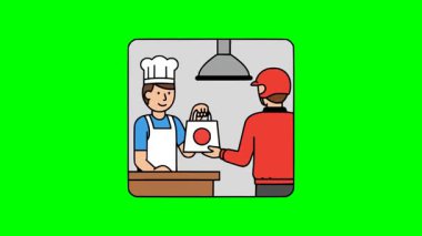 Yemek servisi illüstrasyonunda kurye, vektör düz tasarım tarzında mutfak aşçısından sipariş çantası alıyor.