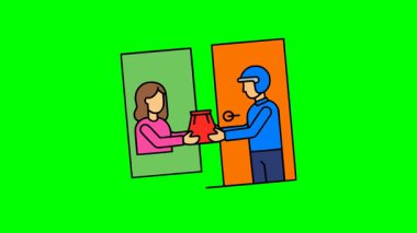 Yemek servisi illüstrasyonunda teslimatçı kadın müşteriye sipariş çantası veriyor.