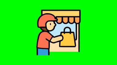 Yemek servisi illüstrasyonunda teslimatçı dükkan vitrininden renkli düz vektör tasarımı poşeti alıyor.