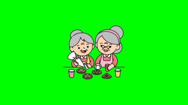 Sohbet ederken ve çay içerken iki yaşlı kadının kurabiye pişirip dekore etmesinin mutlu büyükanne çizimi.