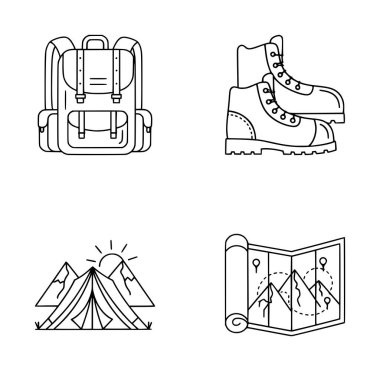 Kamp malzemelerinin, çadır, bot, sırt çantası ve yürüyüş haritası çizimleri gibi temel simgelerinin asgari siyah ve beyaz çizgileri