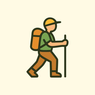 Çizgi film ikonu, şapka takan, turuncu sırt çantası taşıyan, sırıkla yürüyüş yapan, kamp keşfini ve yolculuğunu temsil eden gezgin.