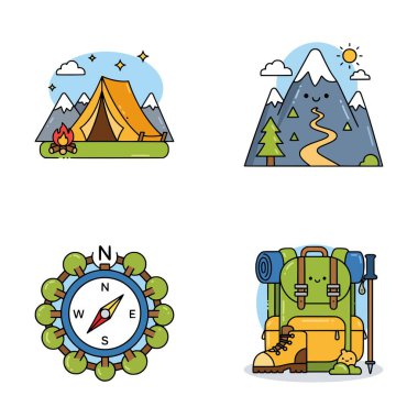 Çizgi film tarzı kamp illüstrasyonu. Çadır, kamp ateşi, dağlar, yürüyüş sırt çantası, pusula ve macera yolculuğu için güneşli arazi.