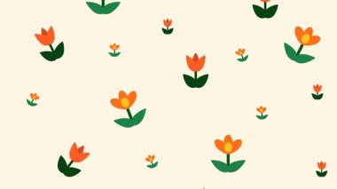 Yeşil yapraklı ve sarı merkezli minimalist turuncu çiçekler bahar titreşimleri için yumuşak bej arka planda eşit olarak dağılmış.